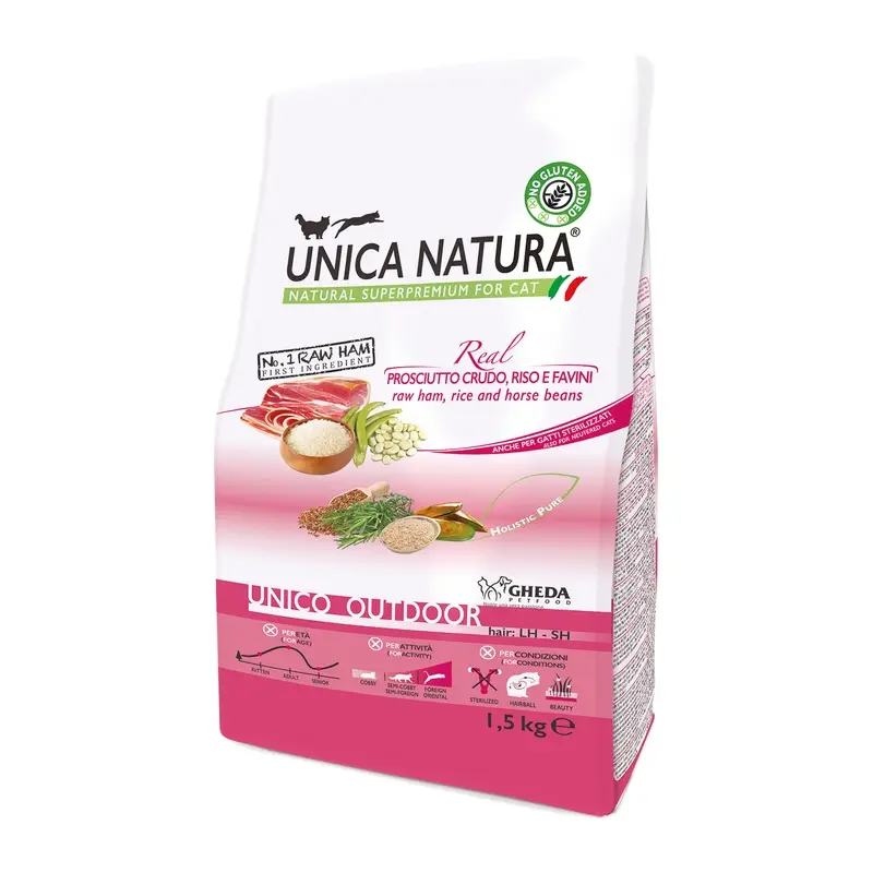 GHEDA сухой корм для кошек Unica Natura UNICO OUTDOOR Raw ham, Rice and Horse beans 1,5kg