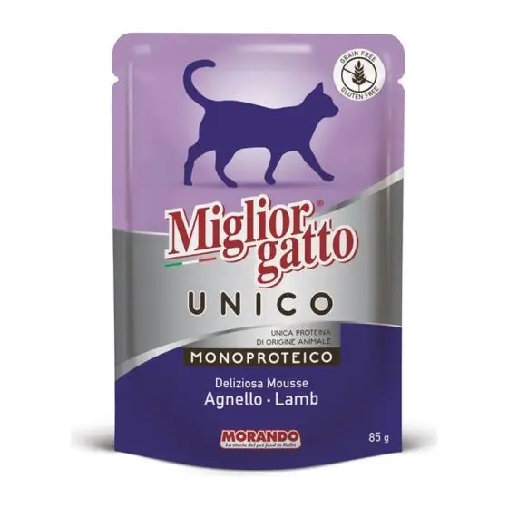 MORANDO пауч для кошек Migliorgatto mousse MG UNICO SOLO AGNELLO BUSTE Монопротеиновый мусс с ягненком 85g