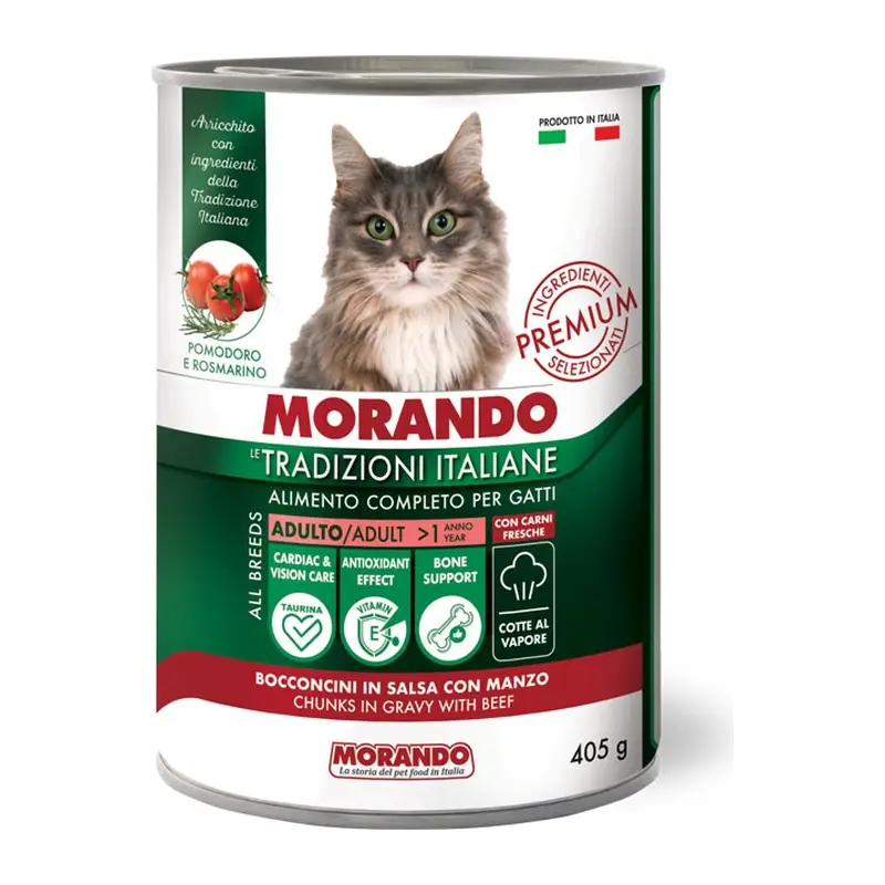 MORANDO Le Tradizioni Italiane — влажный корм для взрослых кошек с тунцом, помидорами и зелёной фасолью, 405 г